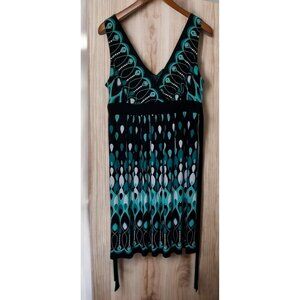 Dress Barn Sleeveless V-Neck Dress Size 16 Teal Black Abstract Kaleidecope
